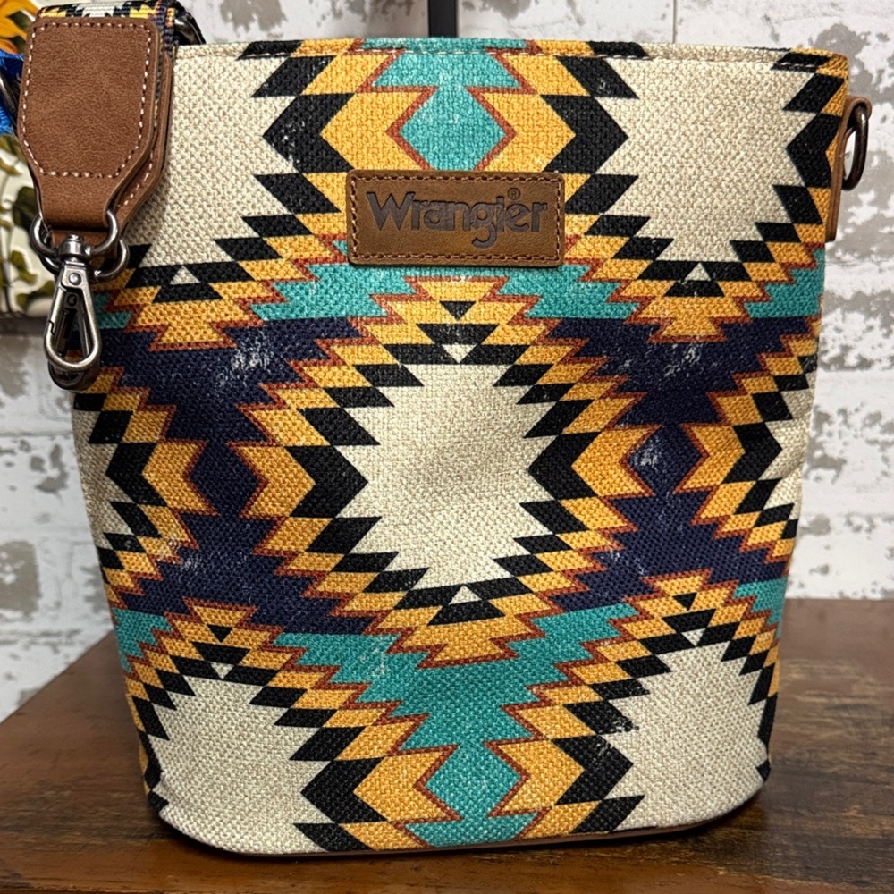 Wrangler Geometric Pattern Shoulder Bag - Tan, Black, Blue